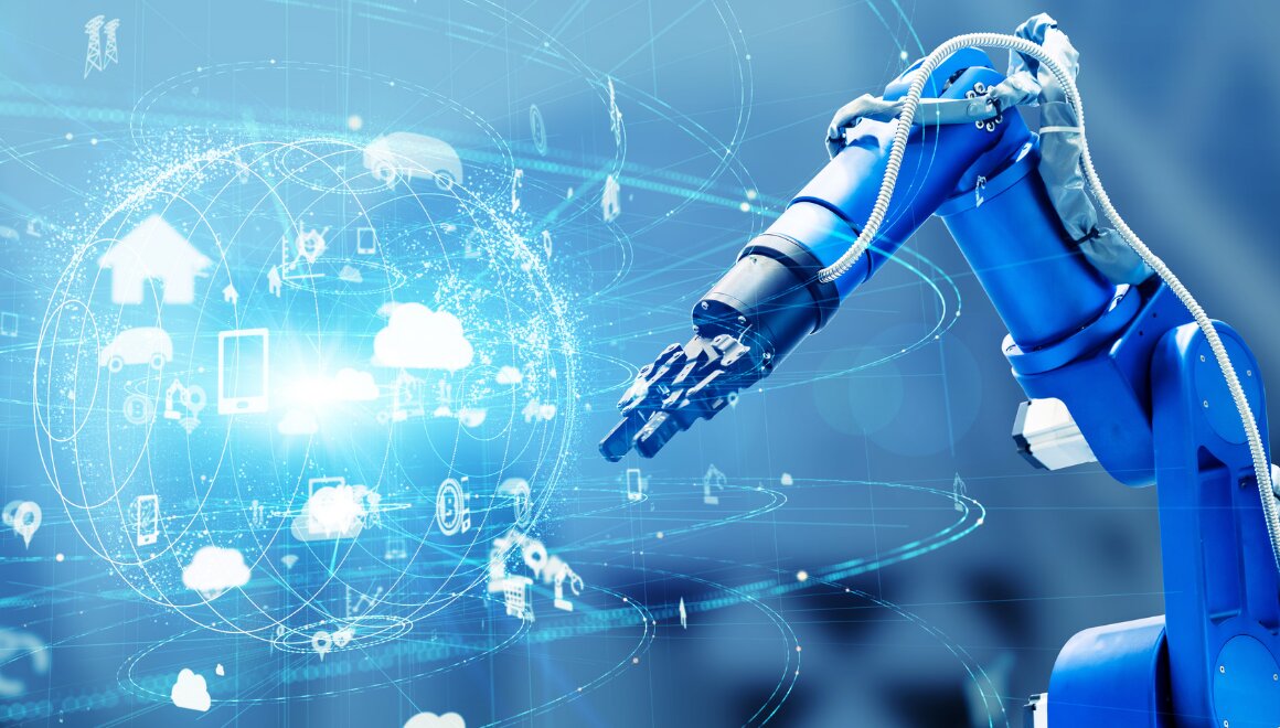 ネットワークにつながる産業用ロボットアームとIoT機器のイメージ